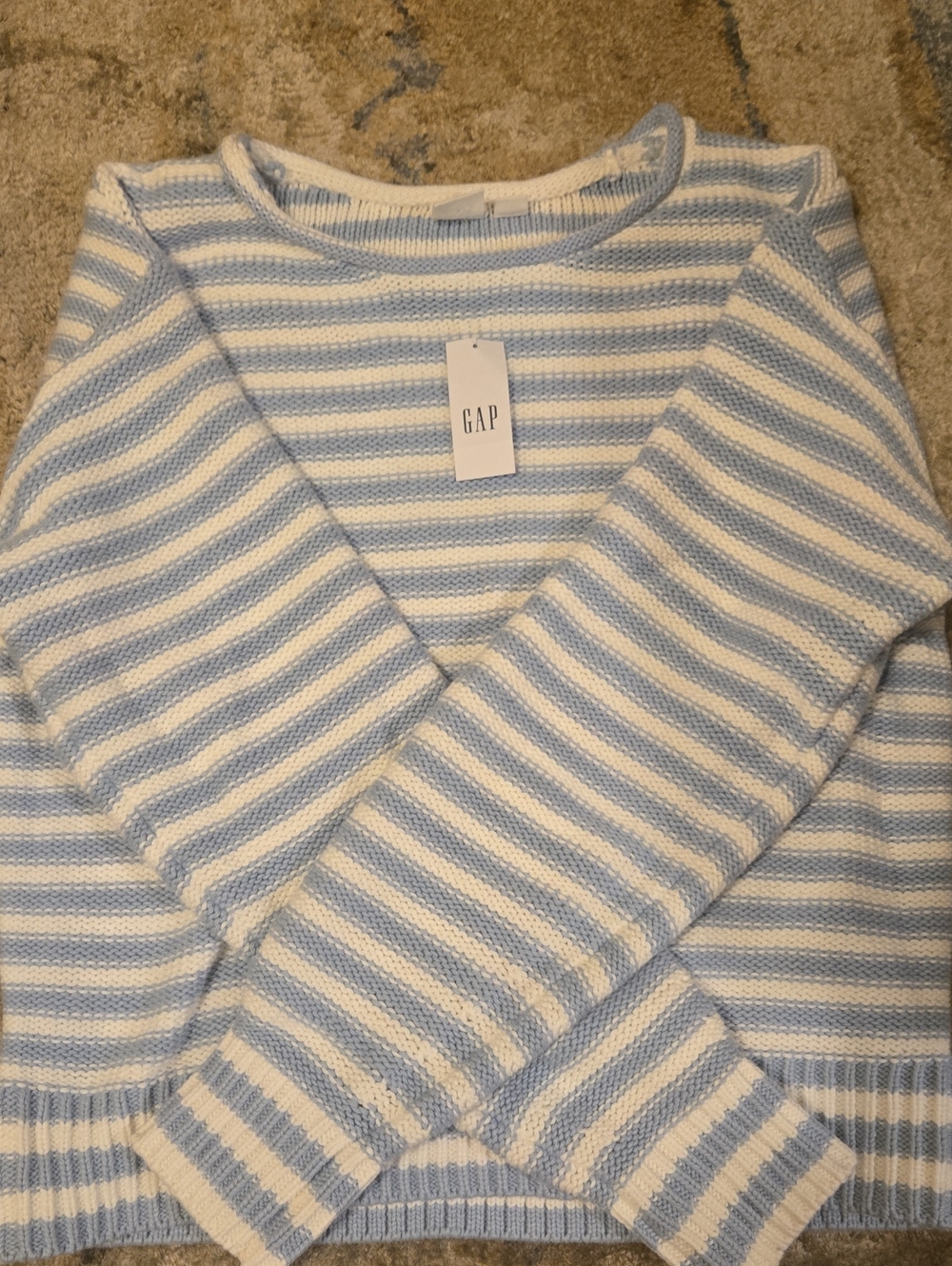 GAP Light Blue and White Striped Crewneck Sweater